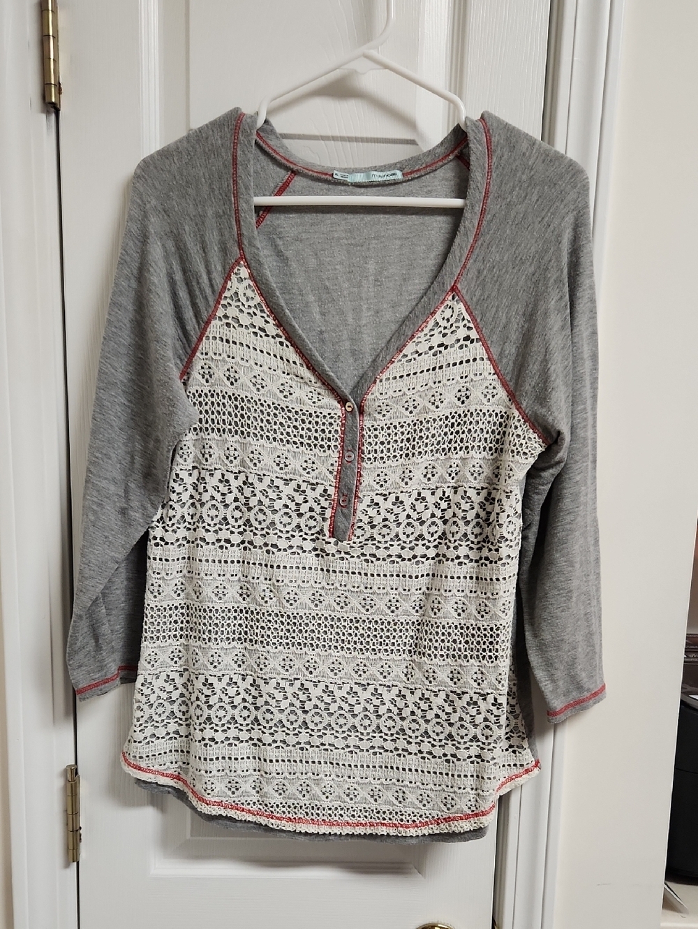 Maurices Gray Long-Sleeve Henley with Cream Crochet Front and Red Trim